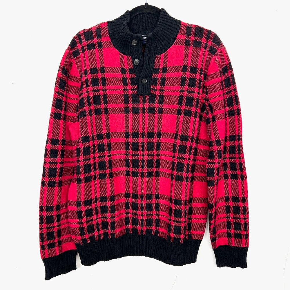 Lands' End Henley Sweater Men's Size Large 42-44 Red Black‎ Plaid Thick Knit